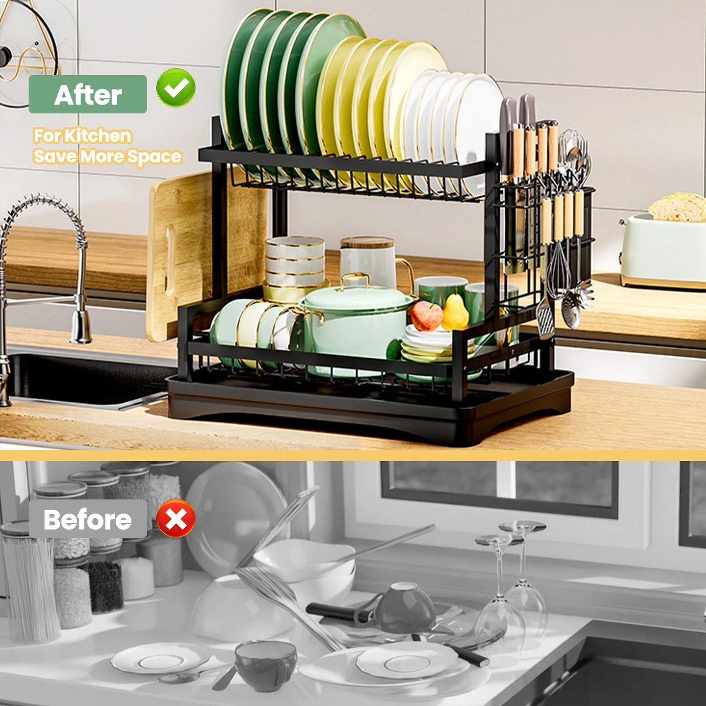 2-Tier Dish Rack with Swivel Drain & Utensil Holder