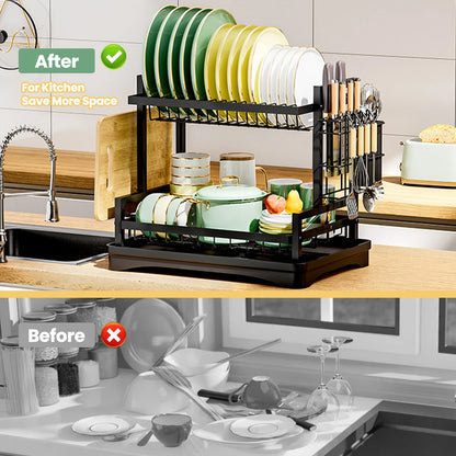 2-Tier Dish Rack with Swivel Drain & Utensil Holder