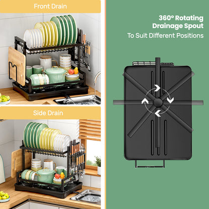 2-Tier Dish Rack with Swivel Drain & Utensil Holder