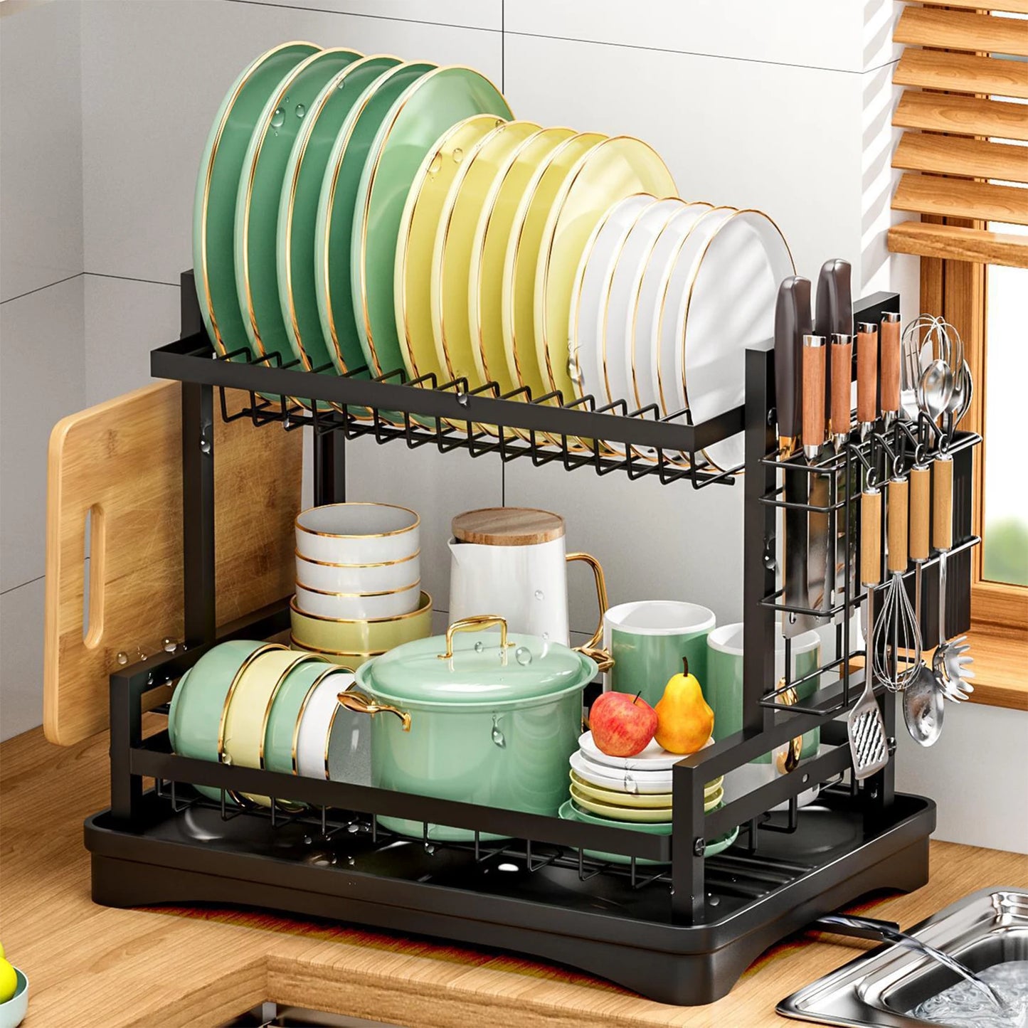 2-Tier Dish Rack with Swivel Drain & Utensil Holder